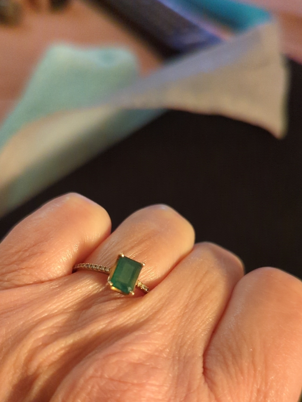 Gold Ring with Emerald-Cut Green Stone and PavĂŠ Diamond Ring.